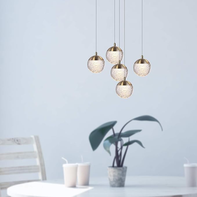 contec development Galaxy 5 Mini Pendant Crystall Ball Lighting Brass - LED Hanging Light Fixture: Kitchen Island, Bar, Foyer - Cluster Pendants - Dimmable, Adjustable Wire, Lamp Bulb Included