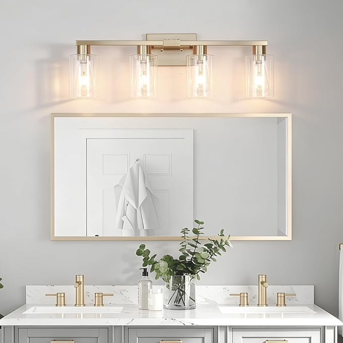 4-Light Bathroom Vanity Light, Modern Brushed Gold Wall Lights with Clear Glass Shades, Bathroom Wall Sconce Lamp for Mirror Living Room Bedroom Hallway
