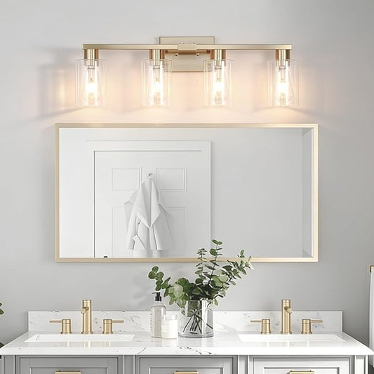 4-Light Bathroom Vanity Light, Modern Brushed Gold Wall Lights with Clear Glass Shades, Bathroom Wall Sconce Lamp for Mirror Living Room Bedroom Hallway