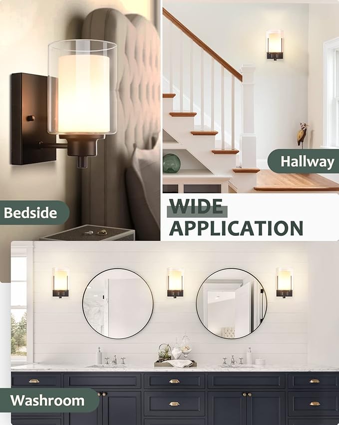 2 Pack Bath Vanity Light Fixtures 1-light, Indoor Black Wall Light with Dual Glass Shade, Farmhouse Bathroom Wall Scone, Vintage E26 Bese Wall mount Lighting for Porch Bedroom Entryway Stairs