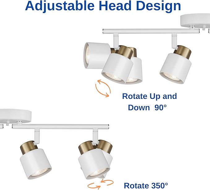 4 Light Track Lighting Kit, Matte White Brass Finish Adjustable with Modern Flush Mount Ceiling Spotlight for Kitchen,Dining,Living Room,Home Improvement