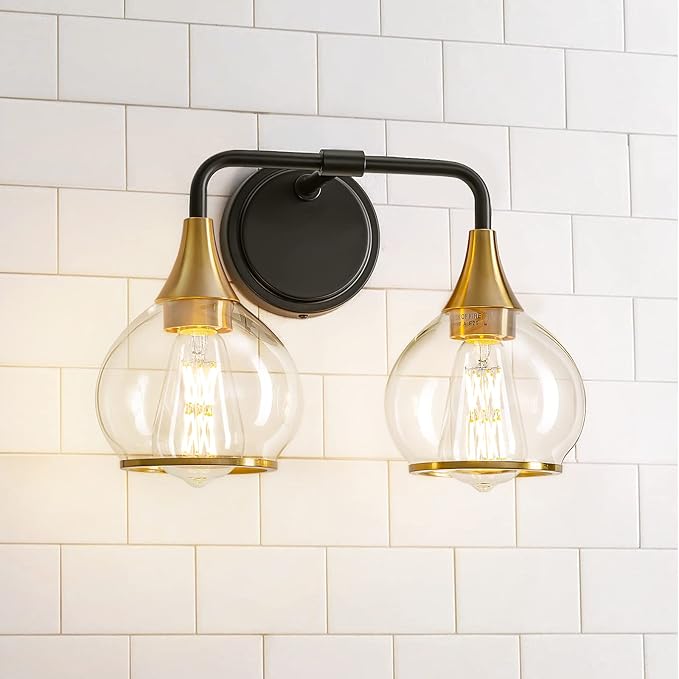 Black and Gold Bathroom Light Fixtures 2-Lights Vanity Lights with Clear Glass Shade Bathroom Vanity Light 14 Inch Wall Sconces(Exclude E26 Bulb)…