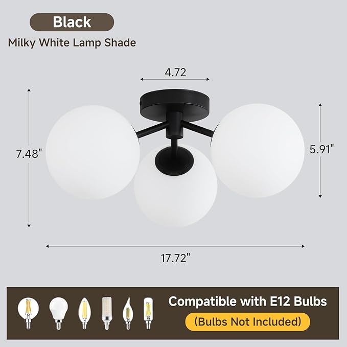 Black Globe Semi Flush Mount Ceiling Light Mid Century Modern Milk Glass Ceiling Light Fixture Linear Sputnik Matte 3 Lights Chandelier for Bedroom Living Room Entryway Dining Room Hallway