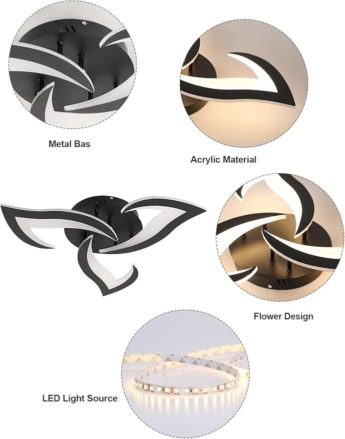 Goeco Modern Ceiling Light, Dimmable Black Acrylic Ceiling Light with Remote Control (3000K-6500K), 3-Head Flower Shape LED Ceiling Lamp for Living Room, Bedroom, Dining Room, Kitchen
