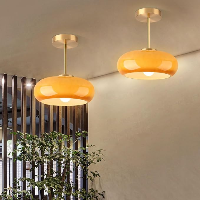 Brass Modern Hallway Ceiling Light - Orange Glass Ceiling Lamp with Dome Shade, Gold Mid Century Semi Flush Mount, Bedroom Entrance Light Fixture