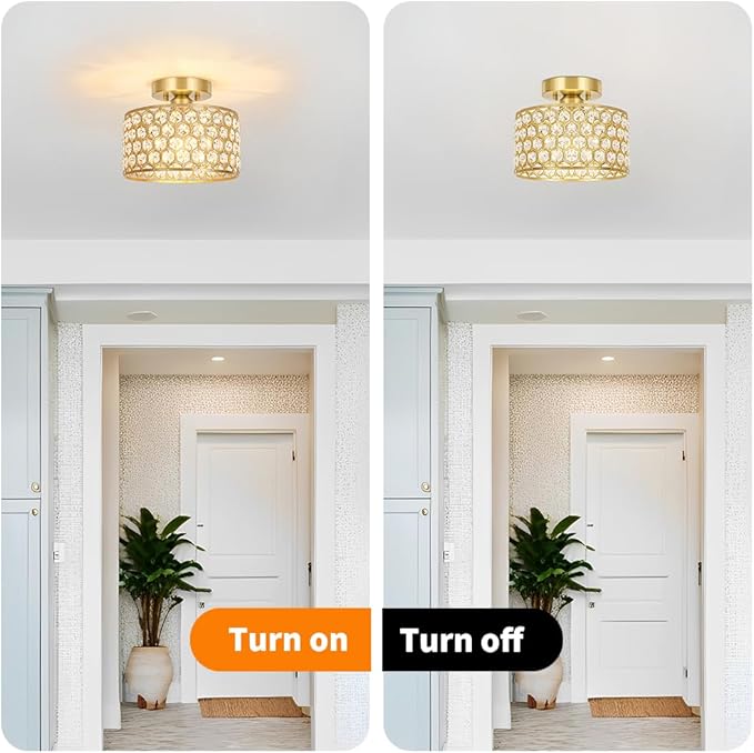 Gold Crystal Ceiling Light Fixture - Modern Semi Flush Mount Ceiling Chandelier Lighting for Hallway, Kitchen & Foyer | Dazzling Prism Chandelier with Easy Installation,1 Light, 8.8 in