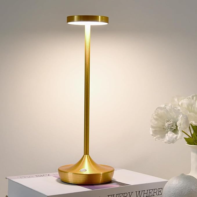 Gold Cordless Table Lamp, Rechargeable 6000mAh Battery LED Desk Lamp, Portable Metal Touch Lamp with 3-Level Dimming, Waterproof Light for Restaurant, Dining Table, Patio, Home Decor (2 Gold)