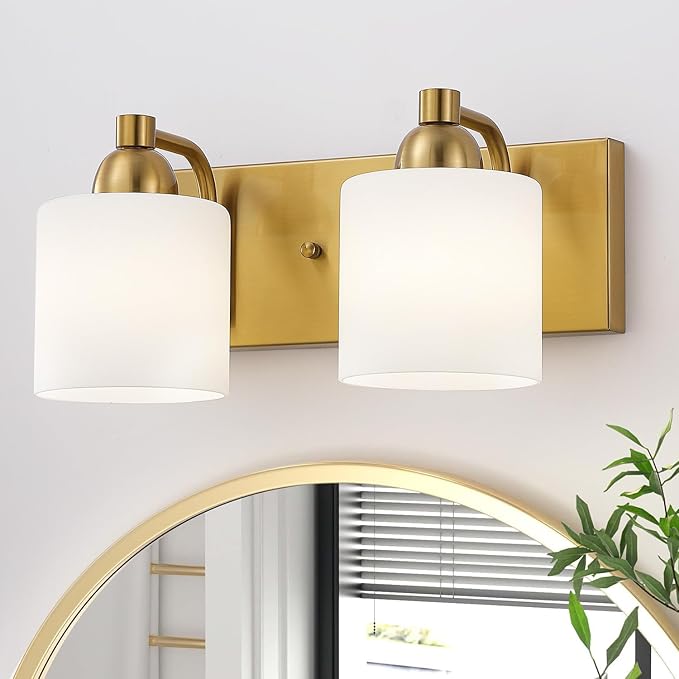 Mecgirn Stainless Steel Milk Glass Vanity Lights for Bathroom, 2 Light Gold Bathroom Light Fixtures Over Mirror, Ceramic E26 Sockets Wall Mounted