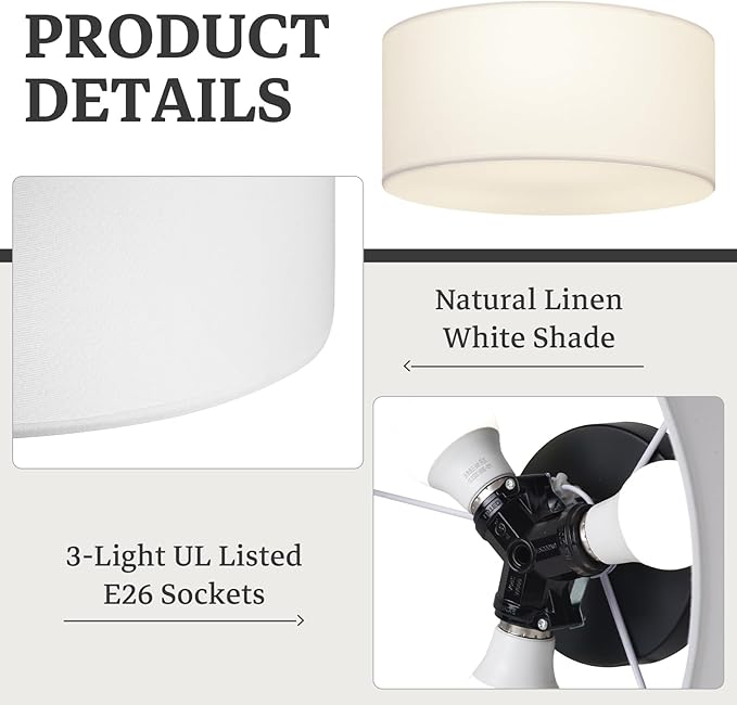 Semi Flush Mount Ceiling Light Fixture,13inch Light Fixtures Ceiling Mount,3-Light Drum Light Fixture with White Shade,Modern Close to Ceiling Lamps for Living Room, Bedroom, Dining Room,Entryway