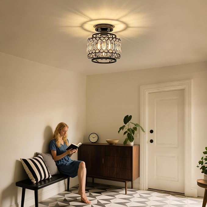 9" Modern Black Crystal Flush Mount Light - 50% Brighter LED, Dimmable Chandelier - Reinforced Iron Frame & K9 Crystals - Easy Install for Bedroom, Kitchen, Hallway