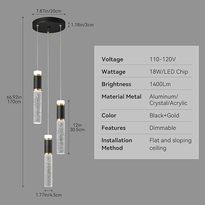 3-Light Pendant Lights Kitchen Island, Dimmable LED Pendant Light Fixtures, Black Gold Pendant Light Modern with Bubble Crystal Pendant Light, Pendant Lighting for Kitchen Island Dining Room