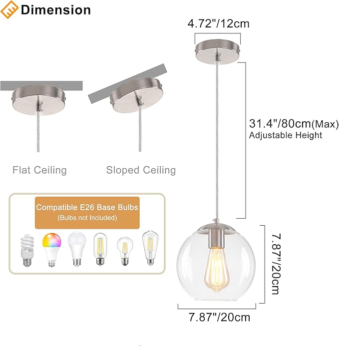 Globe Pendant Light, Modern Hanging Lighting Fixture, Classic Cluster Chandelier with Clear Glass Shades(Brushed Nickel, 1 Lights, 4.7 Inch)