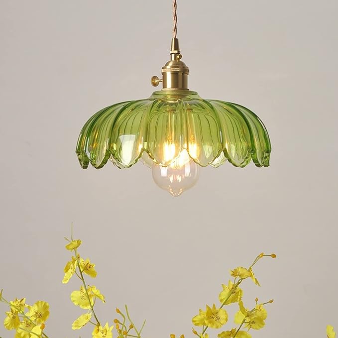 Green Glass Pendant Light Fixtures Medium 9.8 Inches Lampshade Gold Brass Finish and Switch Vintage Pendant Ceiling Lamp Copper Farmhouse Pendant Lighting (Green)