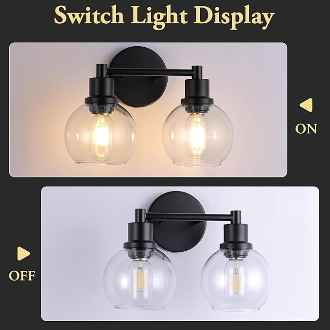 Bathroom Vanity Light 2 Light, Black Bathroom Light Fixtures with Clear Globe Glass Shade, Matted Black Wall Sconce Over Mirror for Kitchen, Living Room