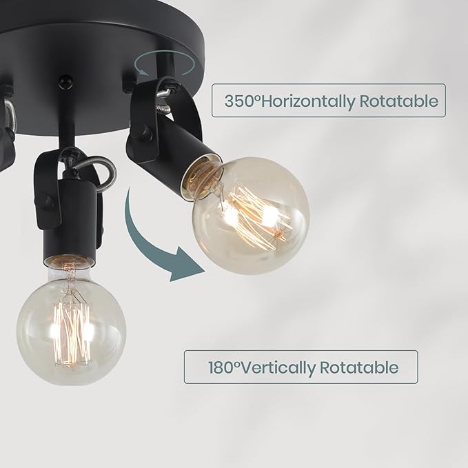 3-Light Flush Mount Ceiling Spotlight，Multi-Directional Track Lighting Fixtures Ceiling with Open No Shade Design, Black Kitchen Light for Island, Sink,Dining Room, Hallway (E26, Bulb Not Included)