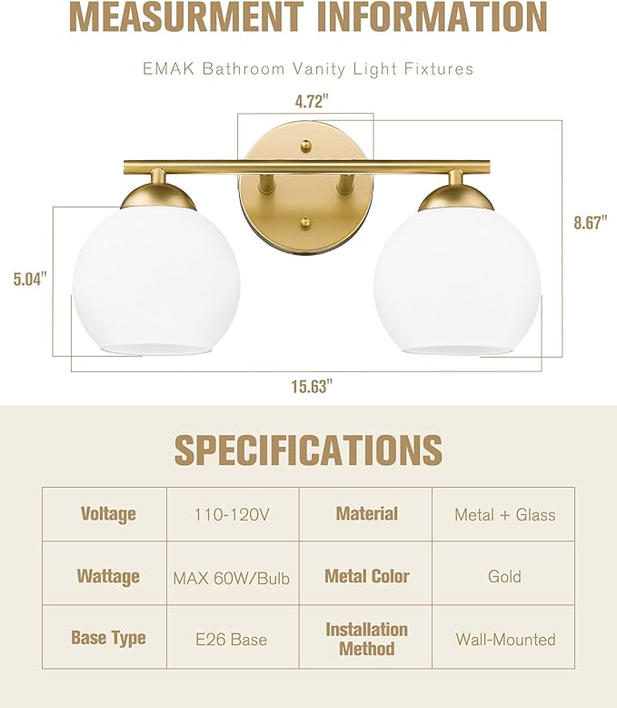 Emak 2-Light Gold Bathroom Light Fixtures, Modern Globe Vanity Lights with Milk Glass Shade for Bathroom, VL114-GD-ML-2