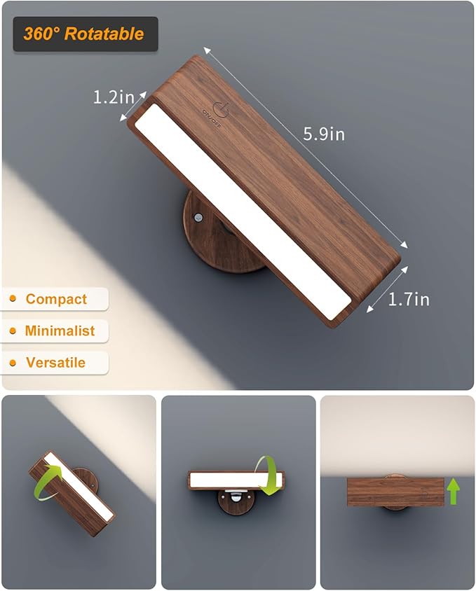DetarZinLED Battery Operated Wall Sconces Set of 2,Rechargeable Wall Lights Wood,Stick On Wall Lights for Bedroom,Wall Mounted Bedside Reading Lamps Dimmable,Battery Powered Wall Lamp for Bedroom