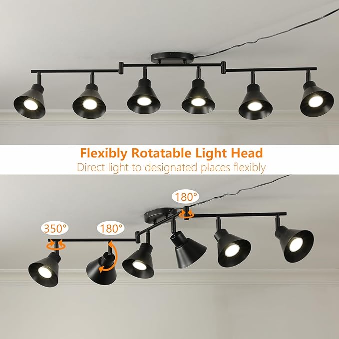 6 Light Plug in Track Lighting Kit,Modern Plug in Ceiling Light Fixture,16.4ft Cord,6 Way Ceiling Spot Lighting,Flexibly Rotatable Light Head (Black)