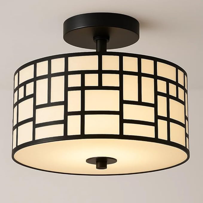 Semi Flush Mount Ceiling Light Black Rectangle Pattern LED Light Fixture with Drum Shade Indoor Use Living Dining Room Kitchen Modern Chandelier Lamps Brushed Chrome Finish E26 Bulb Base