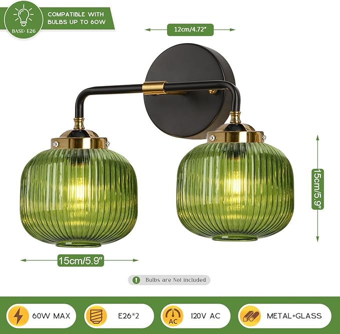 2-Lights Globe Wall Sconce Bathroom Light fixtures Vanity Lamp Mid Century Modern Wall Lights with Green Striped Glass Shade Vintage Vanity Lights for Over Mirror Hallway Overhead