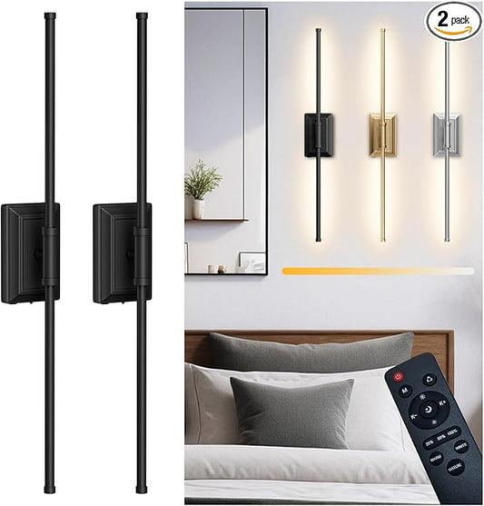 Battery Operated Wireless Wall Sconce - Modern Rechargeable Led Sconces in Black Gold Silver - Bedroom Decor Lights Set of 2 - Long Indoor Living Room Bathroom Remote Wall Light
