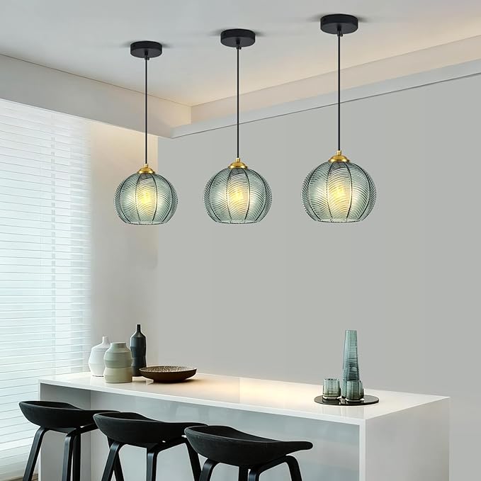 Mikeru 3-Pack Mint Glass Pendant Lights Kitchen Island Lighting Single Globe Pendant Light Fixtures Century Modern Kitchen Island Pendant Lighting for Bedroom Living Dining Room Light (Without Bulbs)