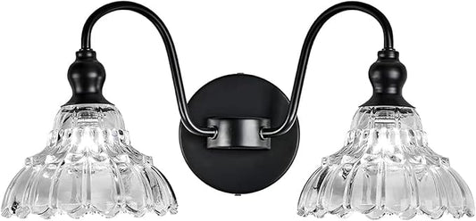 2-Light Modern Wall Sconce Black Wall Light Fixtures Made of Metal Body and Pressed Patterned Glass with Unique Design Vanity Light for Bedroom, Bathroom, Doorway, Farmhouse