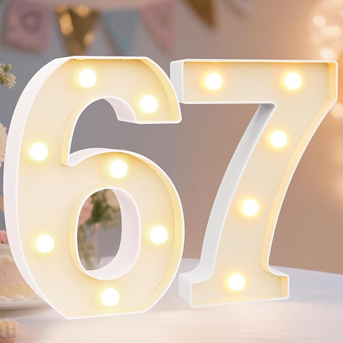 Pooqla Decorative LED Light Up Number Letters, White Plastic Marquee Number Lights Sign for 67th Birthday Party Wedding Decor, Battery Operated