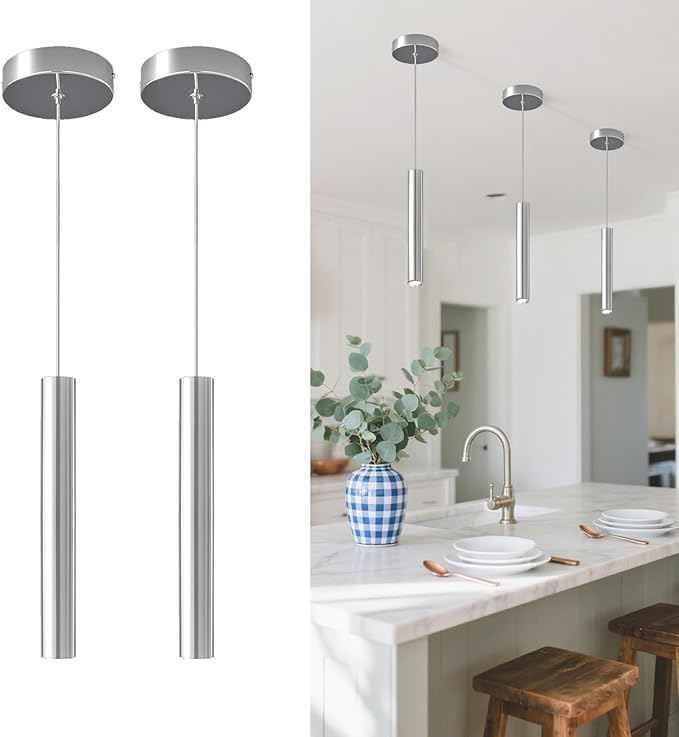 Modern LED Pendant Light Fixtures Chrome Long Tube Pendant Lights 2 Pack Pendant Lighting for Bedroom Dining Room Bar Kitchen Island Hanging Light Height Adjustable, 3000K