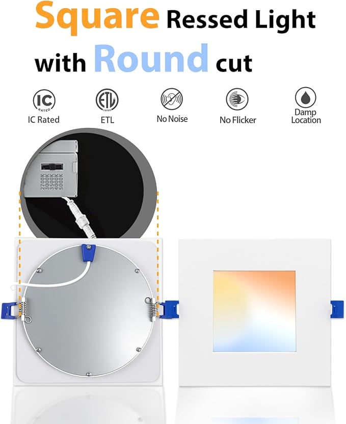 Adetu 12 Pack 6 inch Square Led Recessed Lighting, 5CCT Ultra Thin Square Led Ceiling Light with Junction Box, 14W 1190LM, CRI90, 2700K-5000K Selectable,Dimmable Canless Downlight, ETL and Energy Star