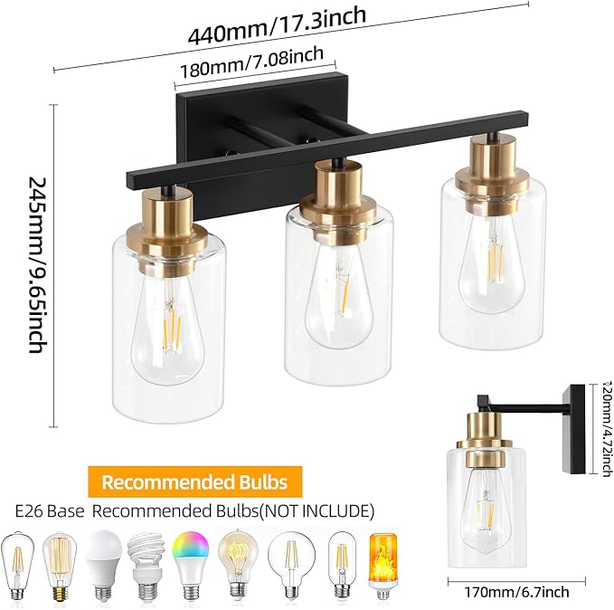 Bathroom Light Fixture Black Gold Vanity Lights Over Mirror, 3 Light Wall Sconces Lighting with Clear Glass Shades, Modern Wall Lights Wall Lamp for Mirror, Hallway Kitchen Bedroom Cabinet