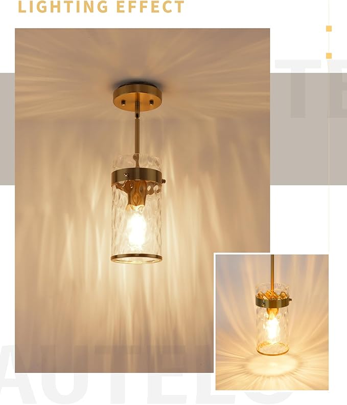 AUTELO Gold Pendant Light, 2 Pack Island Pendant Lights for Kitchen with Hammered Glass, Modern Hanging Lamp with Adjustable Rods for Dining Room Bedroom Kitchen Sink, H-2529 HMBG2PK
