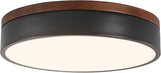 Led Flush Mount Ceiling Light: 11.8" Modern Dimmable Black Walnut Wood Low Profile Farmhouse Close to Ceiling Light Fixture - Round Minimalist Simple Flat Overhead Lighting for Bedroom Laundry Kitchen