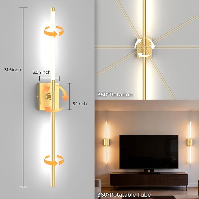 Battery Operated Wall Sconce Set of Two - 10000mAh Cordless Rechargeable Wall Sconces with Remote & Touch Control, 360°Rotate, 4CCT Dimmable Gold Wall Lights for Bedroom Living Room, 31.5 inch