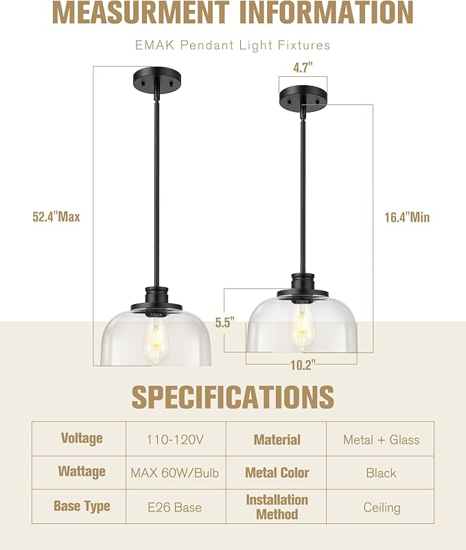 Emak 2 Pack Glass Pendant Light, Modern Farmhouse Black Pendant Lights Kitchen Island, 10 Inch Hanging Light Fixture for Kitchen Island, Dining Room, Bathroom, Bar, PL131-BK-CG-2PK