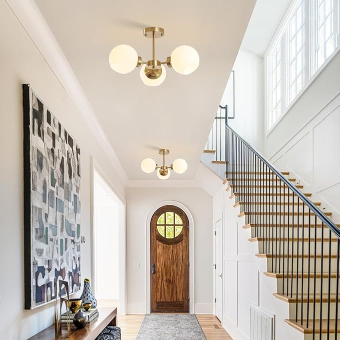 Gold Sputnik Semi Flush Mount Ceiling Light 3 Light Frosted Globe Glass Chandeliers Mid Century Close to Ceiling Light Fixture for Bedroom Living Room Entryway Hallway