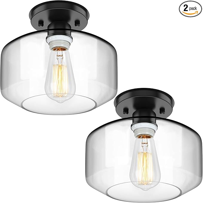 TOBUSA Semi Flush Mount Ceiling Light 2 Pack, Industrial Ceiling Light Fixture with Clear Glass Pendant Lamp Shade, Farmhouse Hallway Light Fixtures for Porch Kitchen Bedroom, E26 Bulbs Excluded