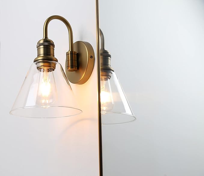 Yosoan 1-Light Brass Modern Vintage Indoor Wall Sconce, Vanity Single Luxury Hardwired Retro Textured Clear Funnel Flared Glass Shade with Industrial Curved Rod Bathroom Lamp(Antique)