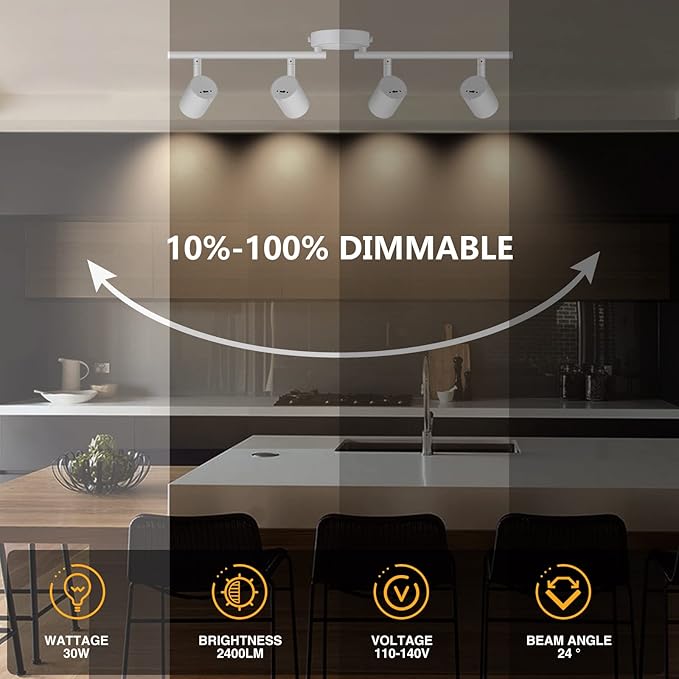VANoopee 5-Color 4 Light LED Track Lighting Fixtures Ceiling for Kitchen, Dimmable Track Lighting Kit, Ceiling Spotlight Flush Mount Adjustable Directional Spot Lights Indoor, White CRI90 2400lm 30W