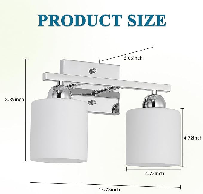 Mecgirn Stainless Steel Milk Glass Vanity Lights for Bathroom, 2 Light Chrome Bathroom Light Fixtures Over Mirror, Ceramic E26 Sockets Wall Mounted
