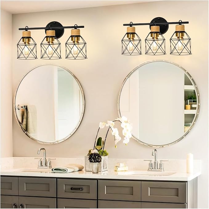 Farmhouse Bathroom Vanity Light Fixtures,3-Light Bathroom Light Fixtures,Sconces Wall Lighting Over Mirror, Black Vanity Lights with Metal Lampshade,Vintage Wall Light for Bedroom Hallway