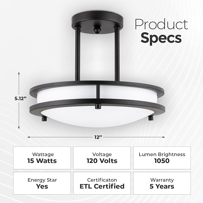 Diodesy- Semi Flush Mount Ceiling Double Ring Light Fixture 12 Inch 15W 3000K/4000K/5000K Color Selectable 1050 Lumens LED Pendant Dual Band Trim Oil Rubbed Bronze Finish for Kitchen Bedroom Hallway
