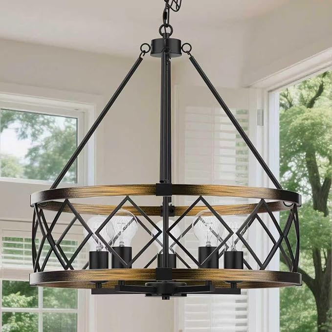 5-Light Black and Gold Chandelier, Farmhouse Industrial Pendant Light Adjustable Height Metal Hanging Fixture E26 Base for Kitchen Island, Dining Room, Living Room