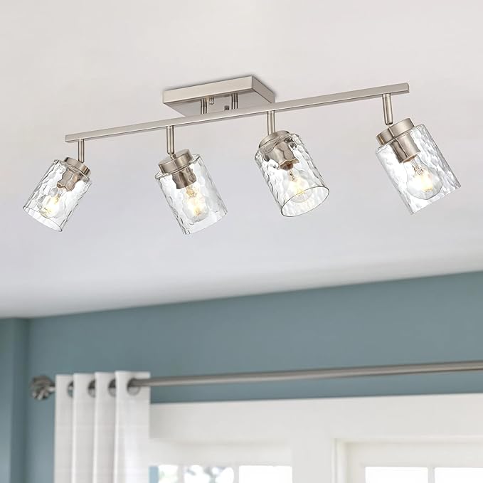 4-Light Tracking Lights Brushed Nickel Rotatable Flush Mount Ceiling Light with Clear Hammered Shade, Modern Bathroom Ceiling Vanity Lights Flexibly Light for Foyer Art Wall Kitchen Hallway