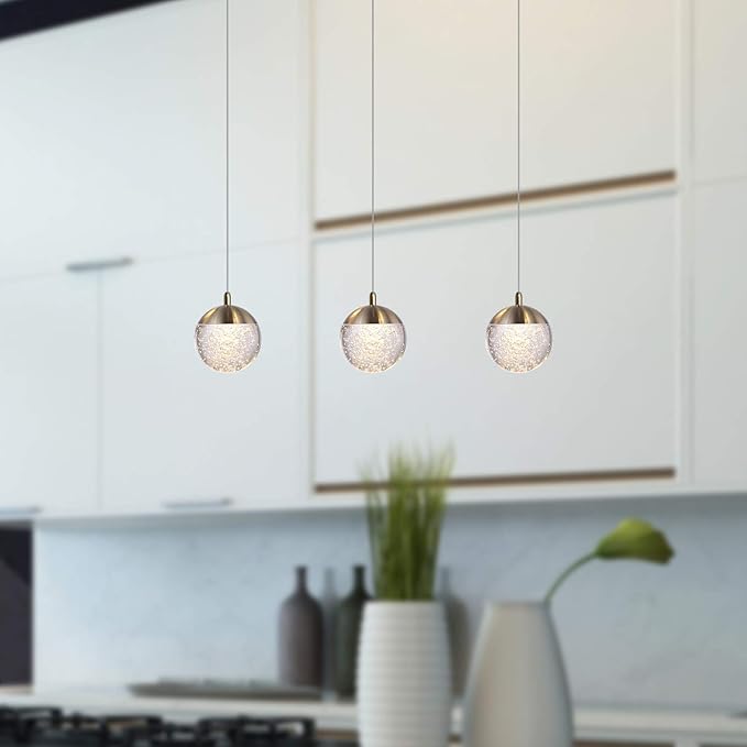 contec development Galaxy 3 Mini Pendant Crystall Ball Lighting Brass - LED Hanging Light Fixture: Kitchen Island, Bar, Foyer - Cluster Pendants - Dimmable, Adjustable Wire, Lamp Bulb Included
