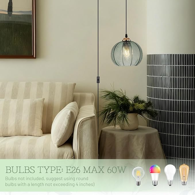 Plug in Hanging lamp 2 Pack,14.75ft Hanging Light with Plug in Cord Hand Blown Green Glass Pendant Lamp Globe Pendant Light Plug in Pendant Light for Kitchen Bedroom Living Dining Room
