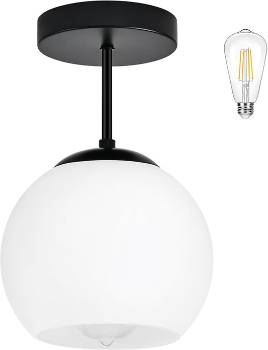 Black Semi Flush Mount Ceiling Light Fixture Milk Glass Light Fixture Mid Century Flush Mount Ceiling Light Black Flush Mount Ceiling Light Schoolhouse Light Fixture for Dining Room(Bulb Incl.)