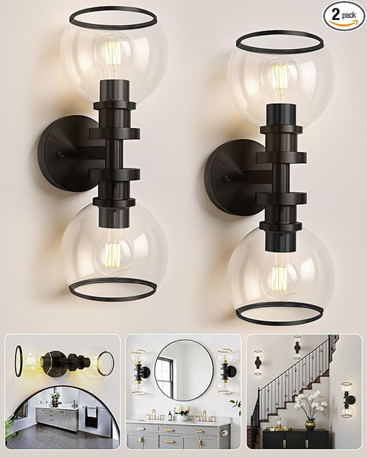 Wall Sconces Set of Two, Black Bathroom Sconces with Clear Glass, Hardwired Modern Wall Light Fixtures for Bathroom,TV Room,Mirror,Living Room,Hallway,Bedroom