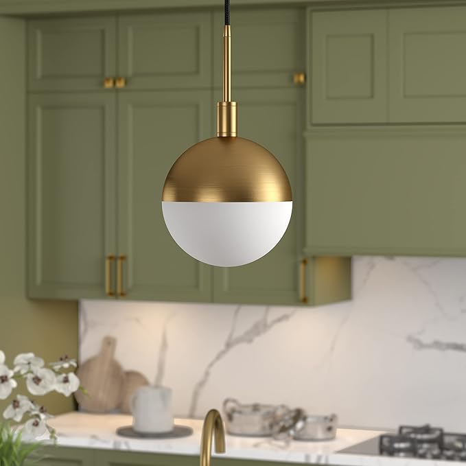Henn&Hart 8" Modern Pendant Light Fixture with White Milk Glass Globe Shade and 8' Adjustable Cord for Kitchen Island, Dining Room or Game Room, Gold