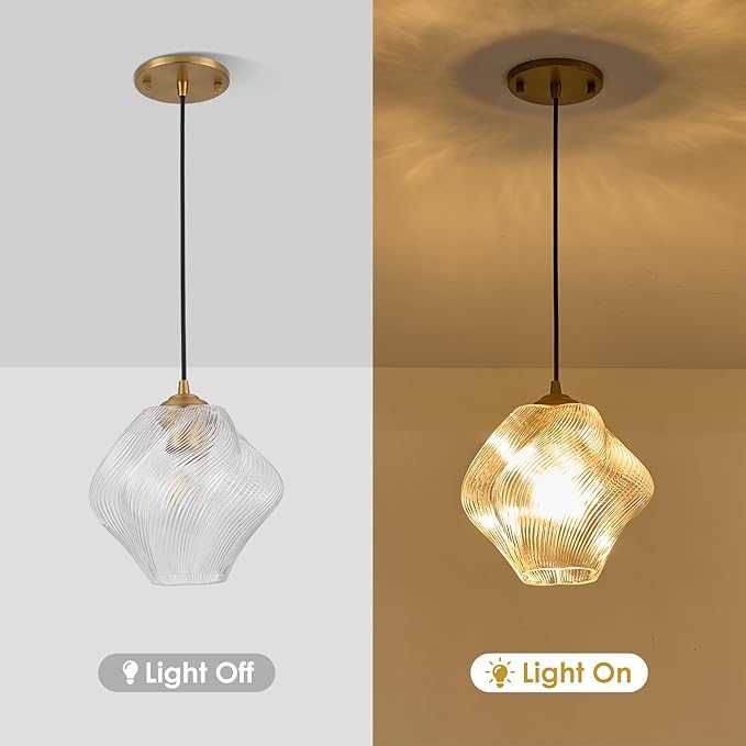 Glass Pendant Light Fixtures, Mid Century Modern Ceiling Hanging Lights with Height Adjustable, Brass Gold Pendant Lighting for Kitchen Island, Hallway, Dining Room, Bedroom (1 Pack)